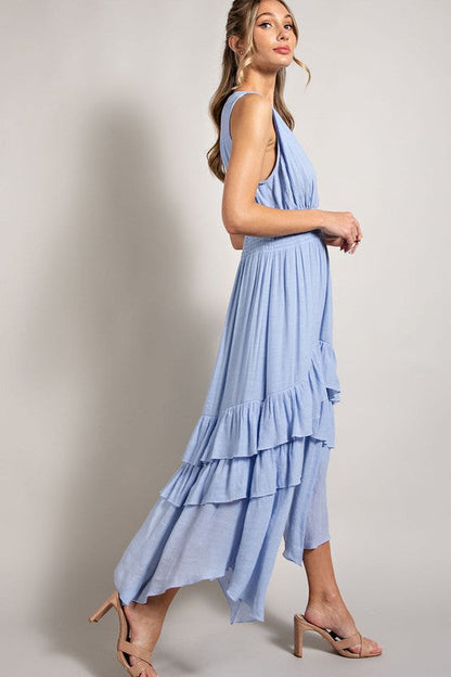 V-Neck Ruffle Maxi Dress CHAMBRAY L by eesome | Fleurcouture