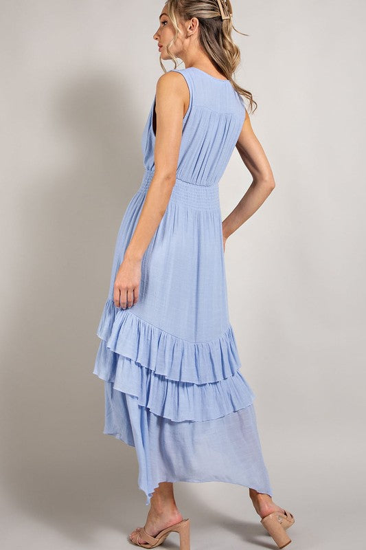 V-Neck Ruffle Maxi Dress CHAMBRAY L by eesome | Fleurcouture