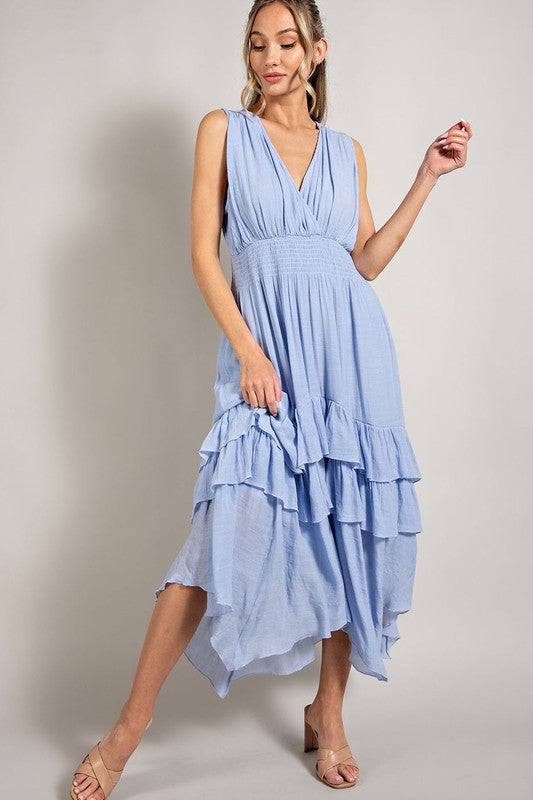 V-Neck Ruffle Maxi Dress CHAMBRAY L by eesome | Fleurcouture