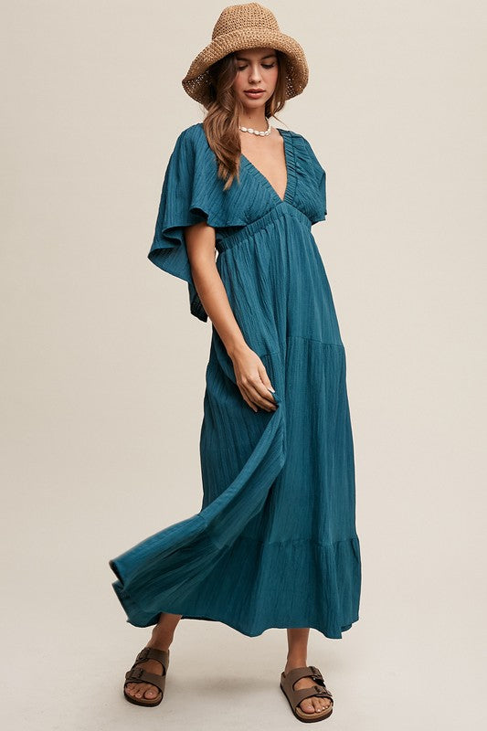 V-neck Ruffle Sleeve Flowy Vacation Dress Emerald Green by Listicle | Fleurcouture