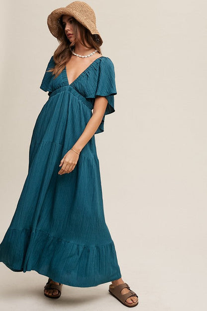 V-neck Ruffle Sleeve Flowy Vacation Dress Emerald Green by Listicle | Fleurcouture