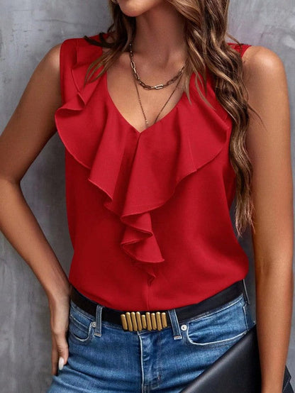 V-neck ruffle trip top Red S by Miss Sparkling | Fleurcouture