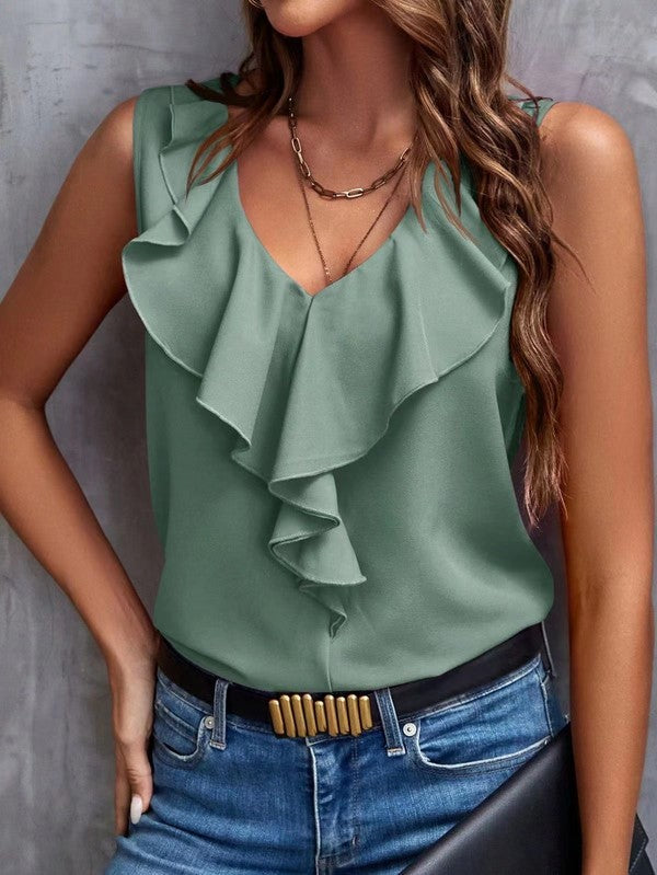 V-neck ruffle trip top Sage S by Miss Sparkling | Fleurcouture