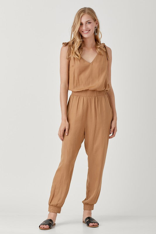 V-Neck Smocked Waist Jogger Jumpsuit DK.TAUPE S by Mustard Seed | Fleurcouture