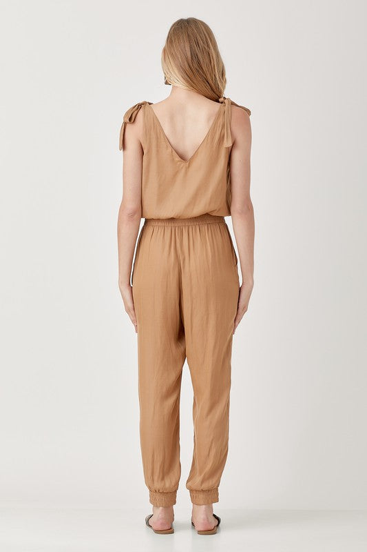 V-Neck Smocked Waist Jogger Jumpsuit DK.TAUPE S by Mustard Seed | Fleurcouture