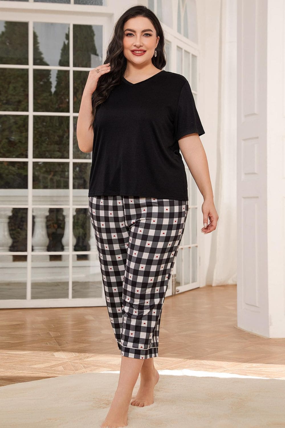 V-Neck Tee and Plaid Cropped Pants Lounge Set Black 0XL by Trendsi | Fleurcouture