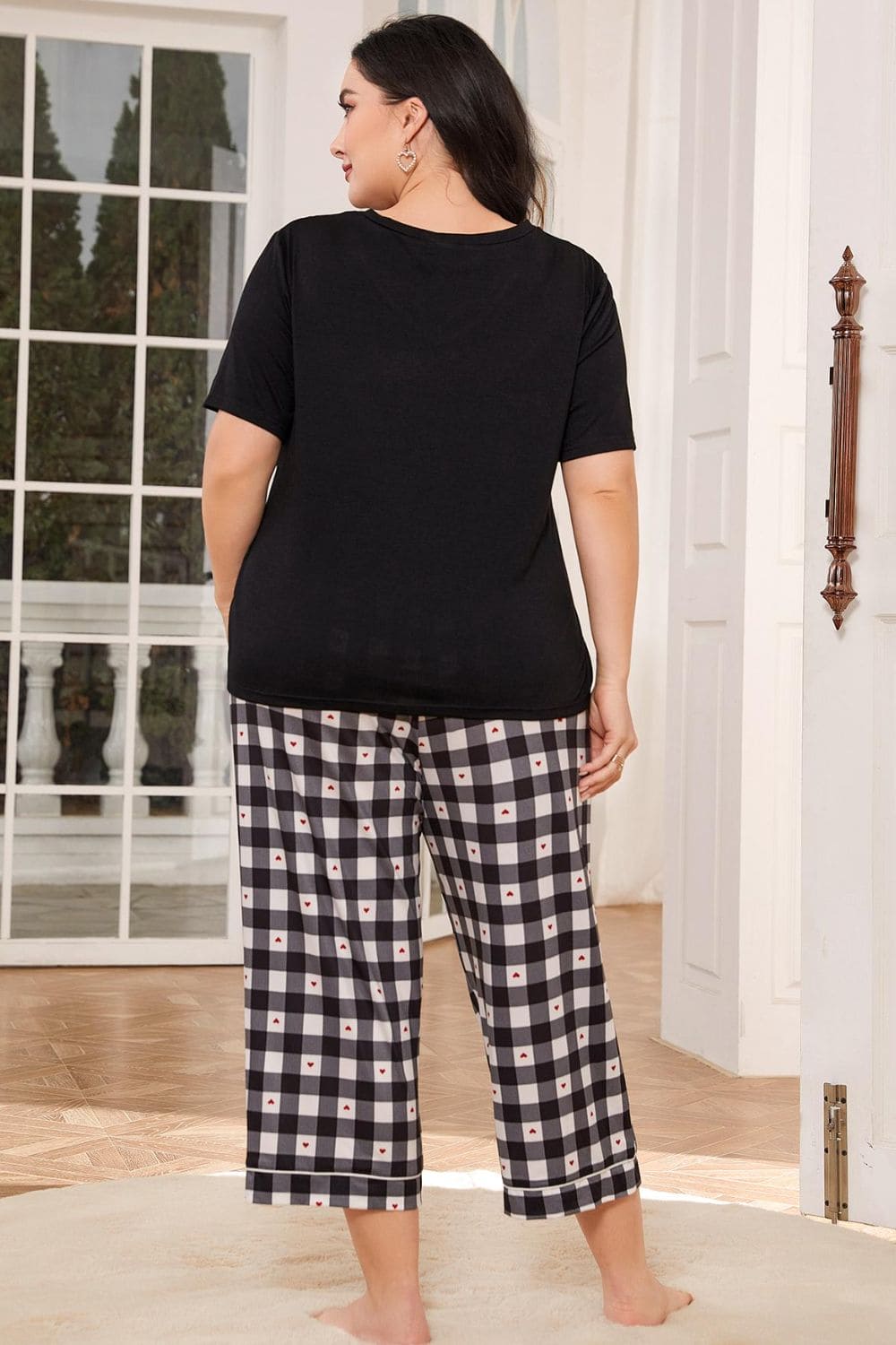 V-Neck Tee and Plaid Cropped Pants Lounge Set Black by Trendsi | Fleurcouture