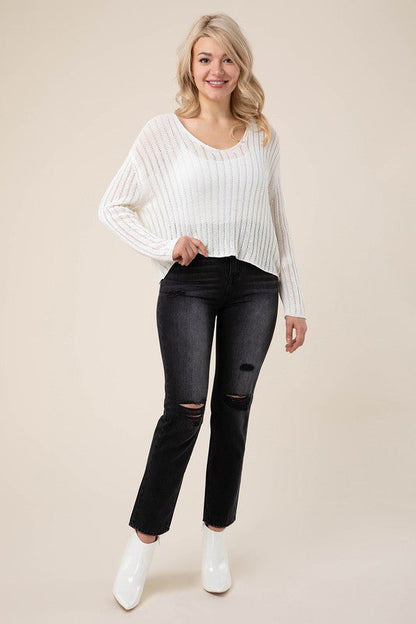 Variegated rib V neck sweater Ivory by Lilou | Fleurcouture