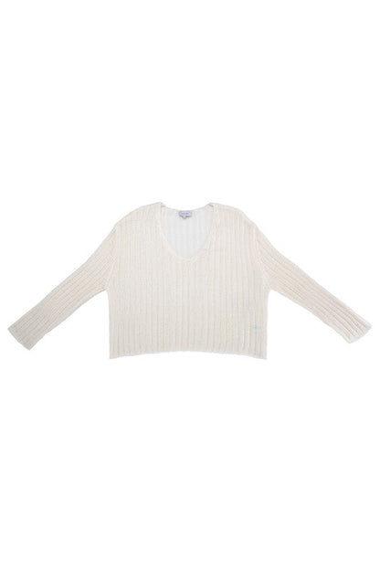 Variegated rib V neck sweater Ivory by Lilou | Fleurcouture