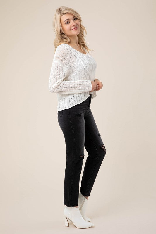 Variegated rib V neck sweater Ivory by Lilou | Fleurcouture