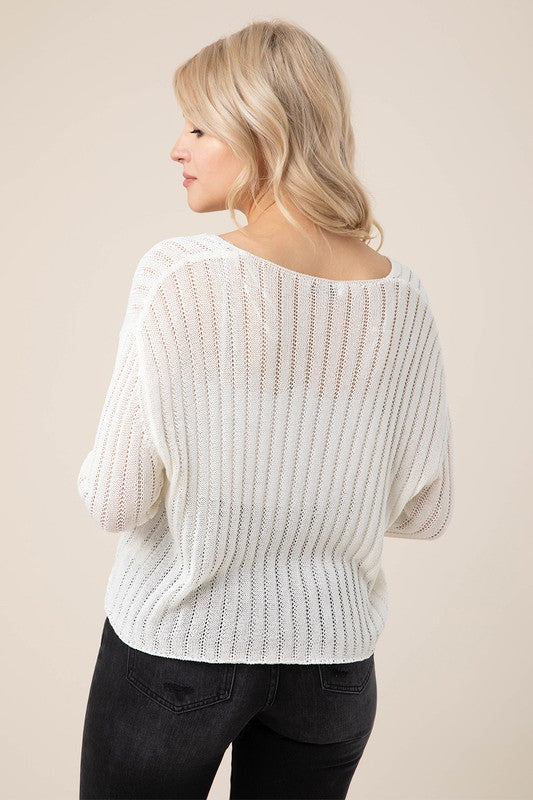 Variegated rib V neck sweater Ivory by Lilou | Fleurcouture