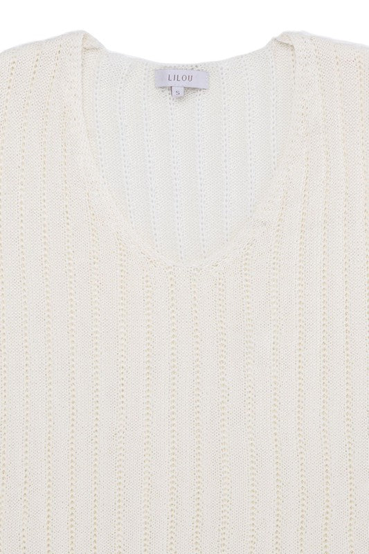 Variegated rib V neck sweater Ivory by Lilou | Fleurcouture