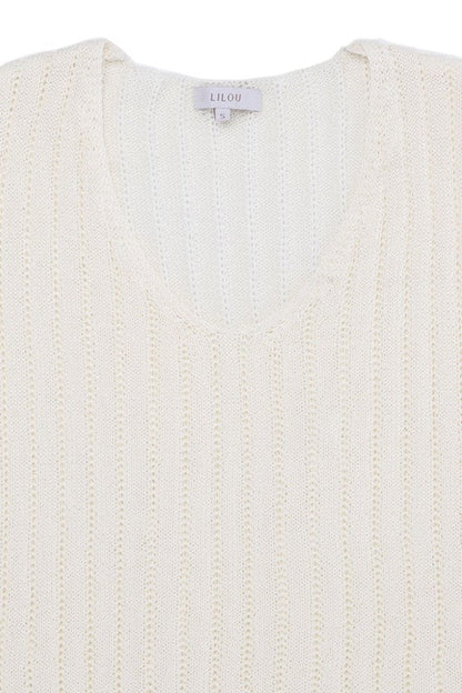 Variegated rib V neck sweater Ivory by Lilou | Fleurcouture