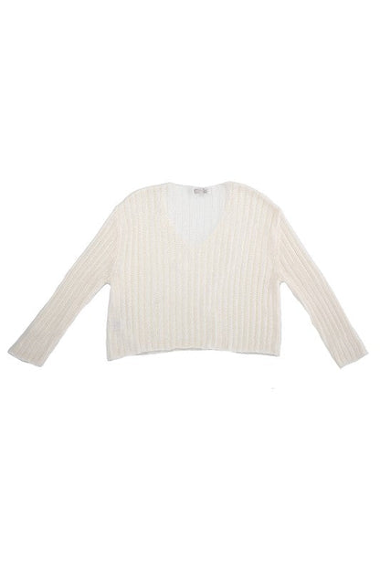 Variegated rib V neck sweater Ivory by Lilou | Fleurcouture