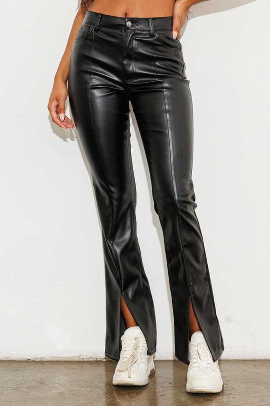 Vegan Leather Front Slit Bootcut Black by Vibrant M.i.U | Fleurcouture