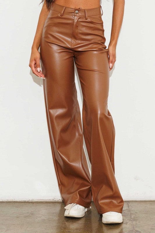 Vegan Leather Wide Leg Pants Cognac 1 by Vibrant M.i.U | Fleurcouture