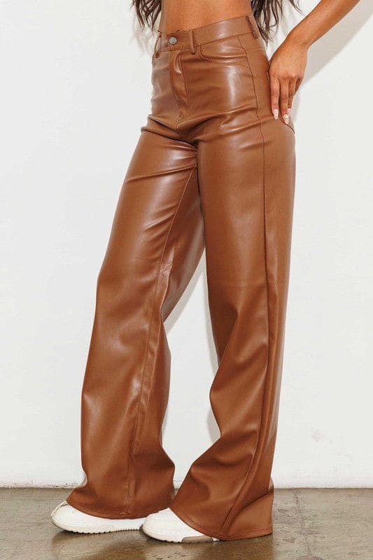 Vegan Leather Wide Leg Pants Cognac by Vibrant M.i.U | Fleurcouture