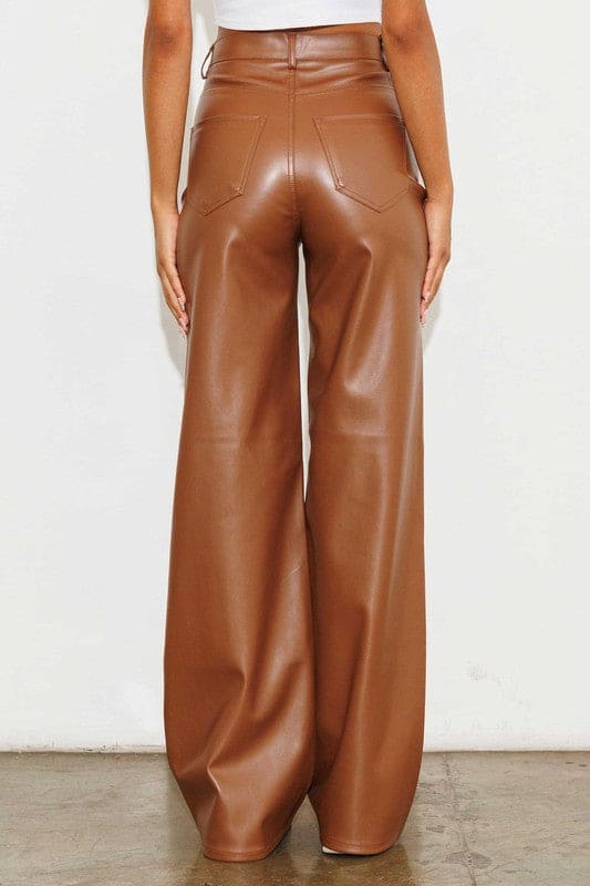 Vegan Leather Wide Leg Pants Cognac by Vibrant M.i.U | Fleurcouture