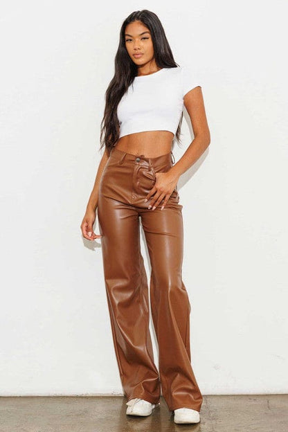 Vegan Leather Wide Leg Pants Cognac by Vibrant M.i.U | Fleurcouture