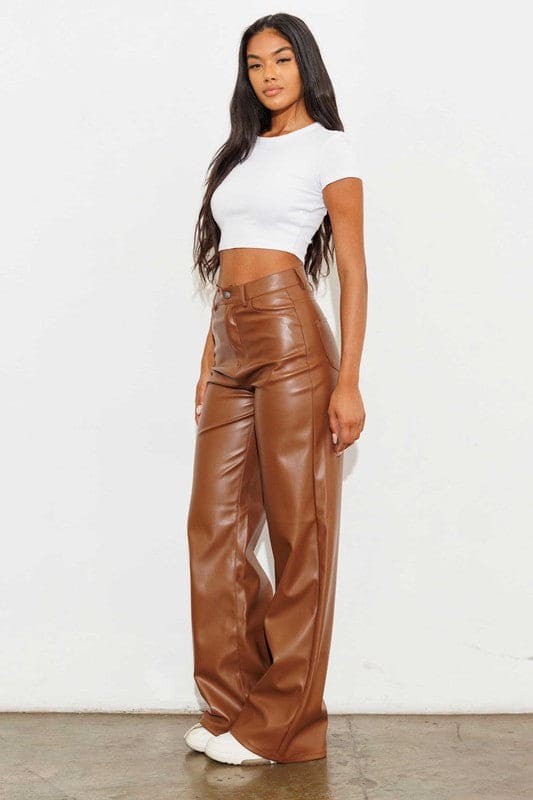 Vegan Leather Wide Leg Pants Cognac by Vibrant M.i.U | Fleurcouture