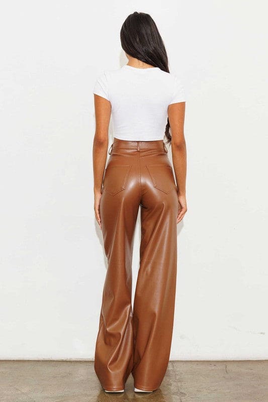 Vegan Leather Wide Leg Pants Cognac by Vibrant M.i.U | Fleurcouture