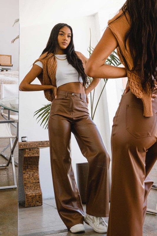 Vegan Leather Wide Leg Pants Cognac by Vibrant M.i.U | Fleurcouture