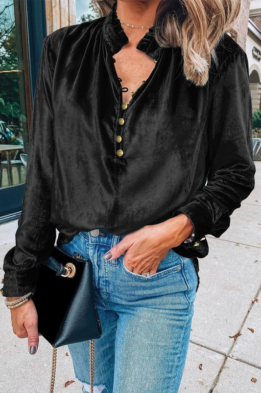 Velvet Button Frilled Neck Blouse Top Black Small by EG fashion | Fleurcouture