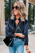 Velvet Button Frilled Neck Blouse Top Navy Small by EG fashion | Fleurcouture