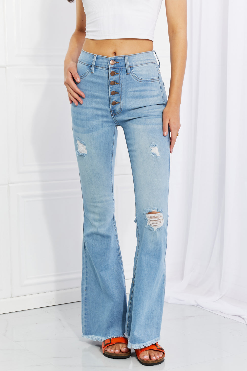 Vibrant MIU Full Size Jess Button Flare Jeans Light 1(25) Women&