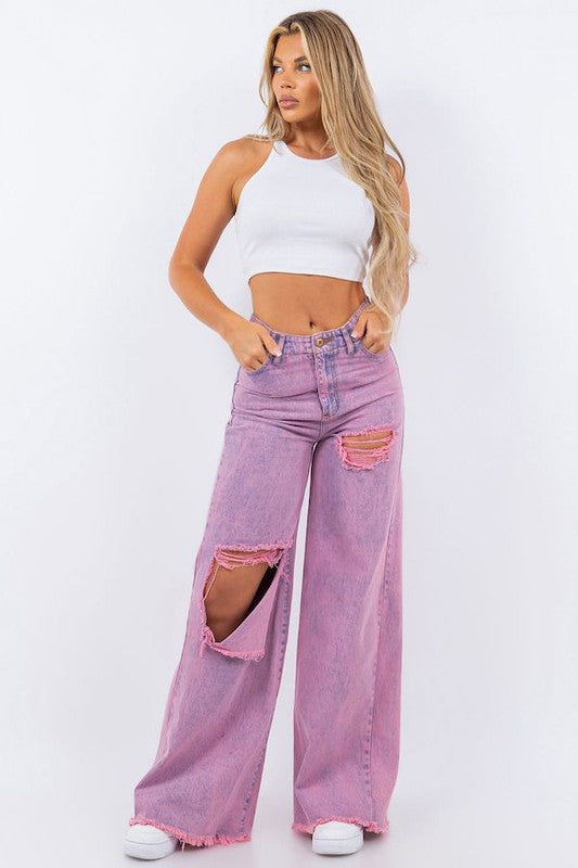 Vintage Ripped Wide Leg jean in Mineral Pink Pink by GJG Denim | Fleurcouture