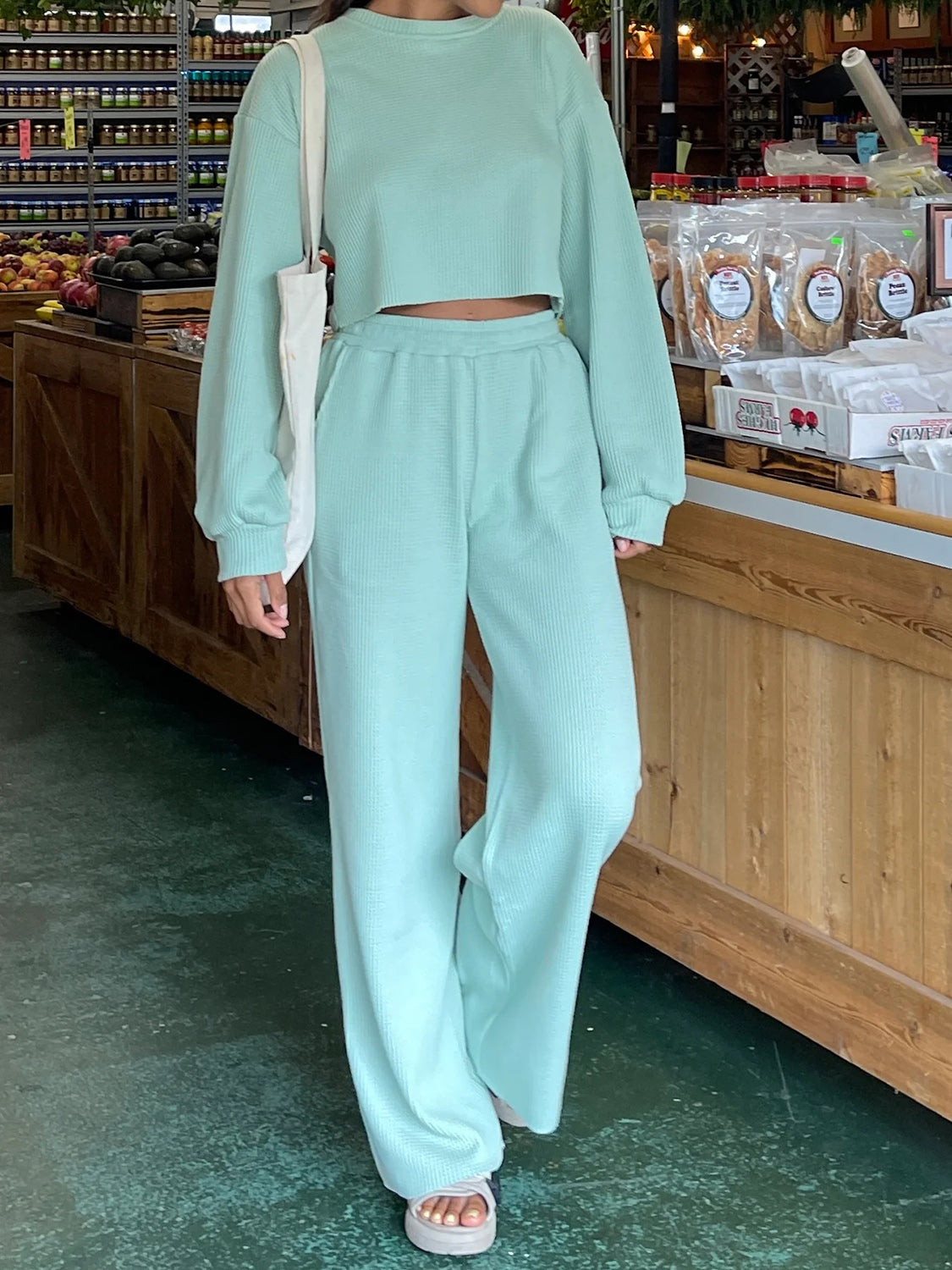 Waffle-Knit Round Neck Top and Pants Set Tiffany Blue S Two Piece Sets by Trendsi | Fleurcouture