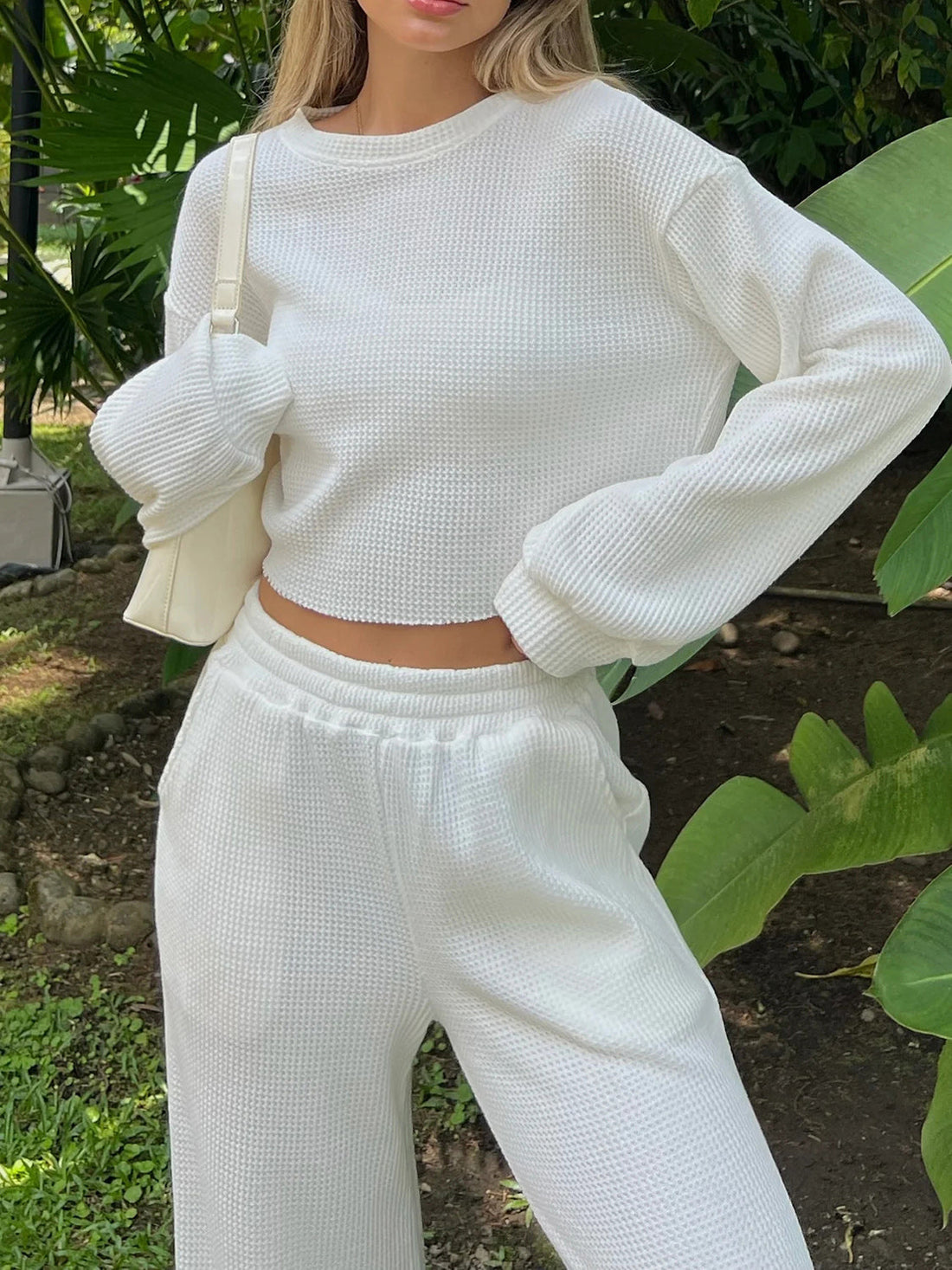 Waffle-Knit Round Neck Top and Pants Set White S Two Piece Sets by Trendsi | Fleurcouture