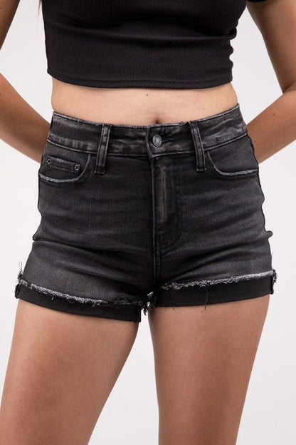 Washed Black Cuffed Raw Hem Denim Shorts WASHED BLACK S by ZENANA | Fleurcouture