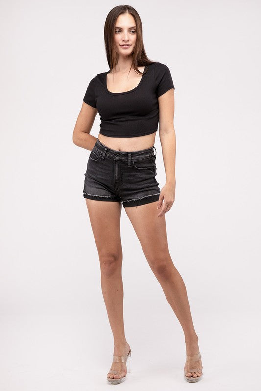 Washed Black Cuffed Raw Hem Denim Shorts WASHED BLACK by ZENANA | Fleurcouture