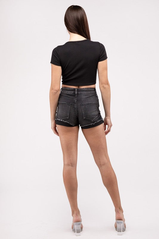 Washed Black Cuffed Raw Hem Denim Shorts WASHED BLACK by ZENANA | Fleurcouture