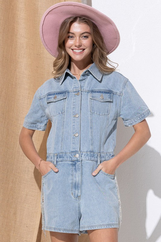 Washed Denim Overall Romper by Blue B | Fleurcouture