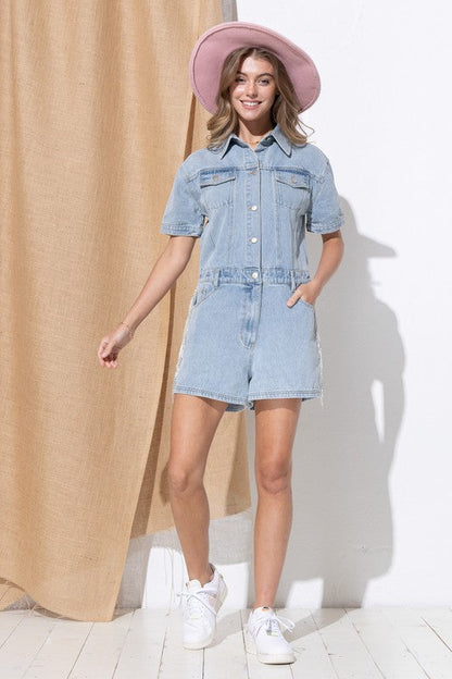 Washed Denim Overall Romper by Blue B | Fleurcouture