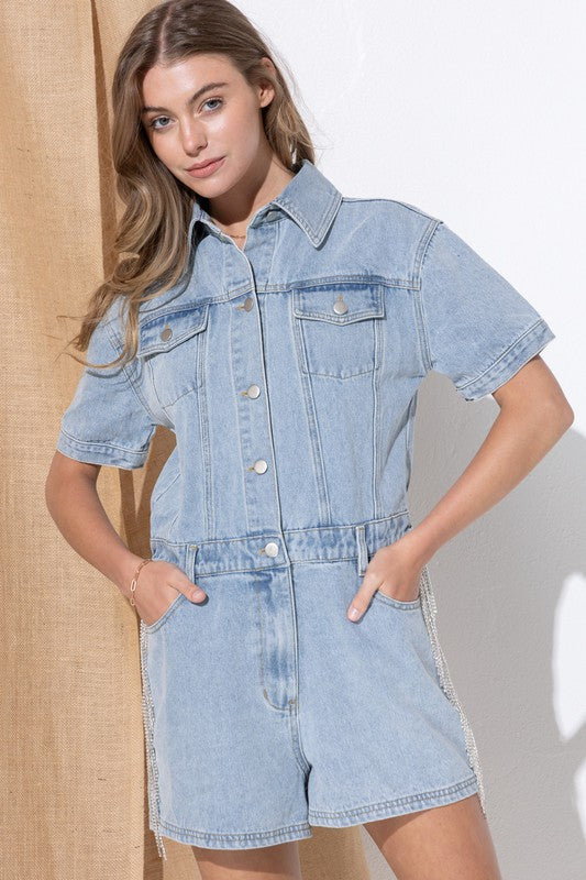 Washed Denim Overall Romper by Blue B | Fleurcouture