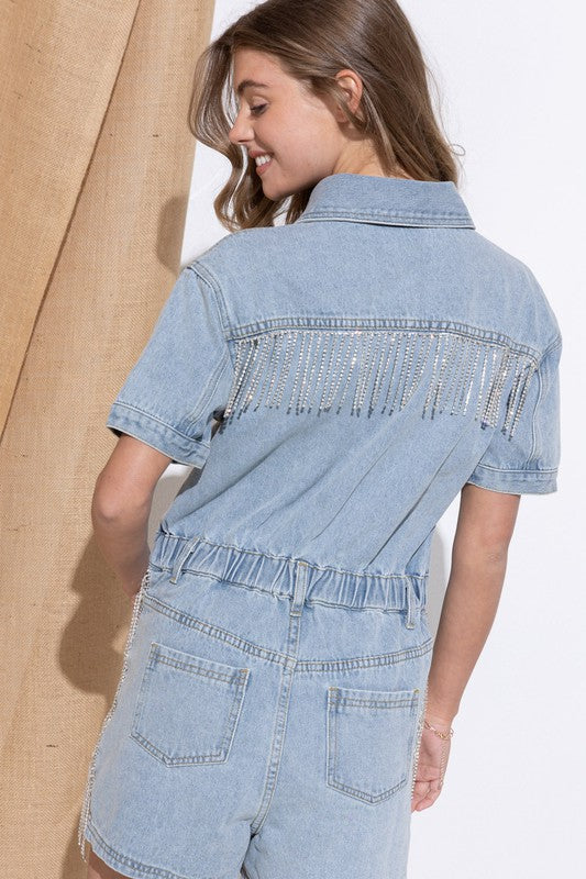 Washed Denim Overall Romper by Blue B | Fleurcouture