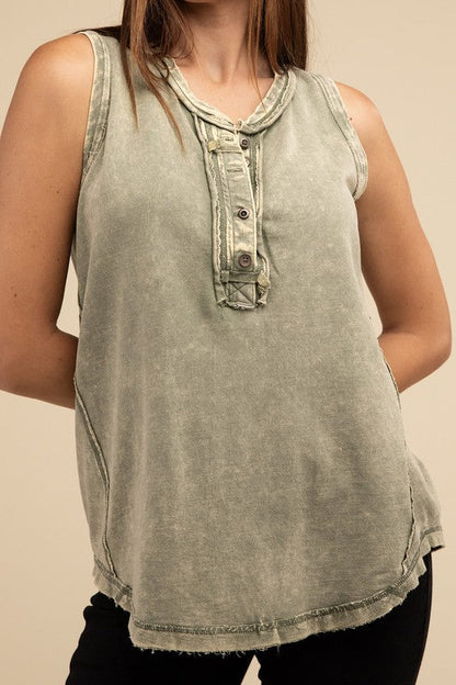 Washed Half-Button Raw Edge Sleeveless Henley Top LT OLIVE S by ZENANA | Fleurcouture