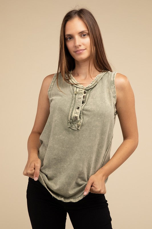 Washed Half-Button Raw Edge Sleeveless Henley Top by ZENANA | Fleurcouture