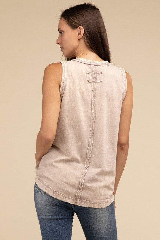 Washed Half-Button Raw Edge Sleeveless Henley Top by ZENANA | Fleurcouture