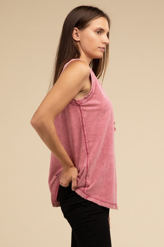 Washed Half-Button Raw Edge Sleeveless Henley Top by ZENANA | Fleurcouture