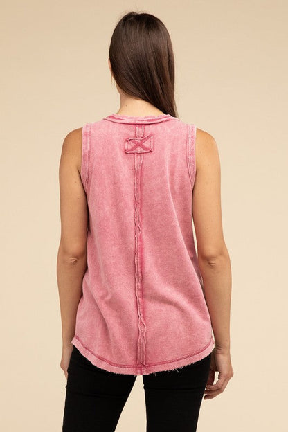 Washed Half-Button Raw Edge Sleeveless Henley Top by ZENANA | Fleurcouture