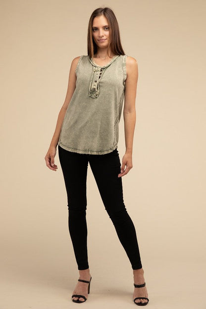 Washed Half-Button Raw Edge Sleeveless Henley Top by ZENANA | Fleurcouture