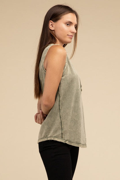 Washed Half-Button Raw Edge Sleeveless Henley Top by ZENANA | Fleurcouture