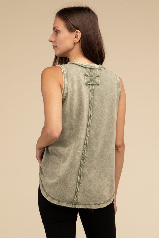 Washed Half-Button Raw Edge Sleeveless Henley Top by ZENANA | Fleurcouture