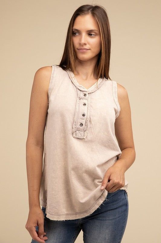 Washed Half-Button Raw Edge Sleeveless Henley Top by ZENANA | Fleurcouture