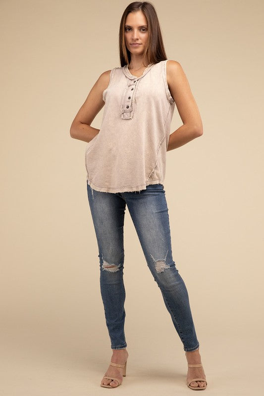 Washed Half-Button Raw Edge Sleeveless Henley Top by ZENANA | Fleurcouture