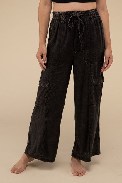 Washed Linen Elastic Band Waist Cargo Pants ASH BLACK S by ZENANA | Fleurcouture